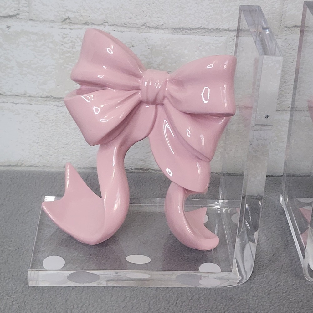 Pink Bow Bookends Coquette Bookend Acrylic Resin Girly Office Nursery 2 Pc Clear - Picture 3 of 8